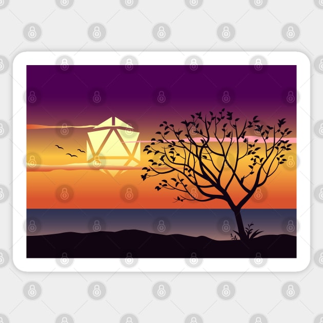 Sunset by the Lake D20 Dice Sun Tabletop RPG Maps and Landscapes Sticker by pixeptional